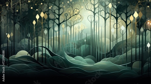 Dark night forest. The trees are stylized and appear to be made of glass. The background is a gradient of green and blue. In the foreground is a mass of white wavy clouds.