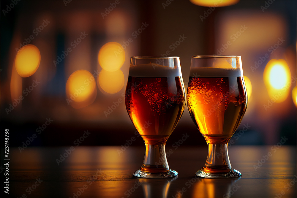 Two glasses of beer on the bar. AI generated.