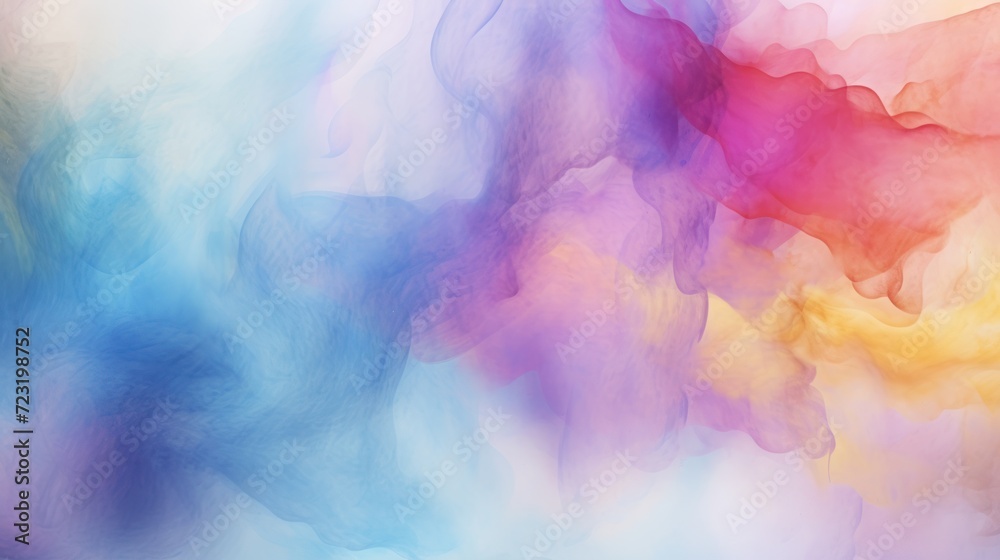 A colorful abstract painting with flowing smoke-like shapes in blue, pink, purple, yellow, and red. The colors blend together creating a soft and dreamy texture.