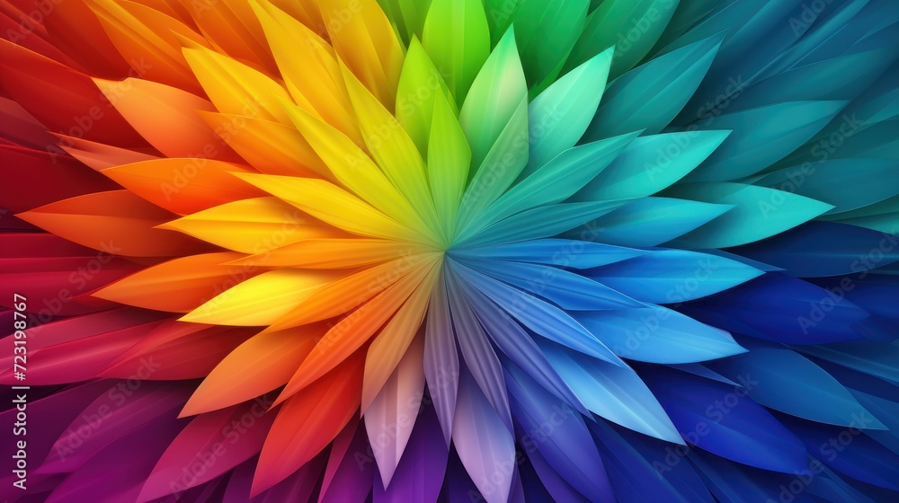 A vibrant and colorful flower made up of various shades of the rainbow. The petals are arranged in a radial pattern, creating a sense of depth and dimensionality.