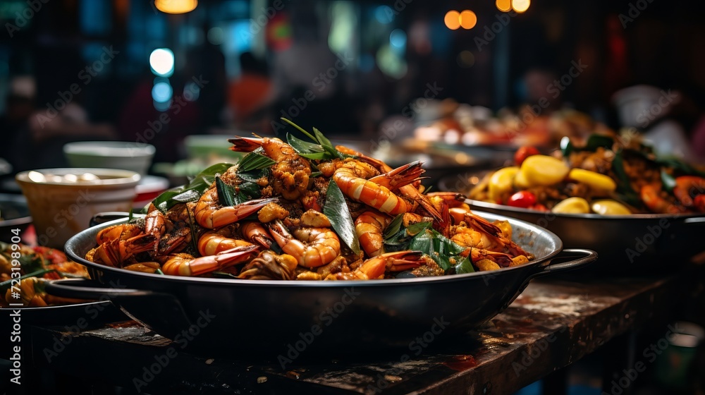 Close up of vibrant and bustling street food market with colorful and delicious offerings