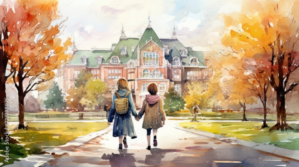 Obraz premium Watercolor drawing of children going to school on a clear autumn day