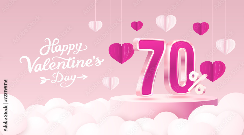 Happy Valentine day, Mega sale, special offer, 70 off sale banner. Sign board promotion. Vector illustration
