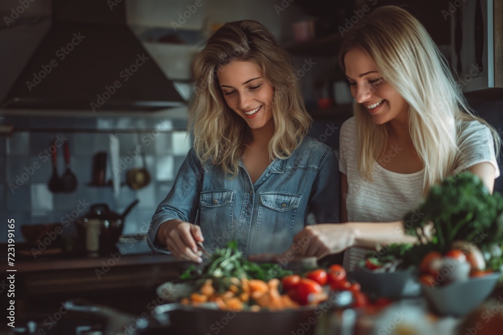 Two happy and smiling women during cooking food in the kitchen. Portrait of cheerful LGBT+ couple