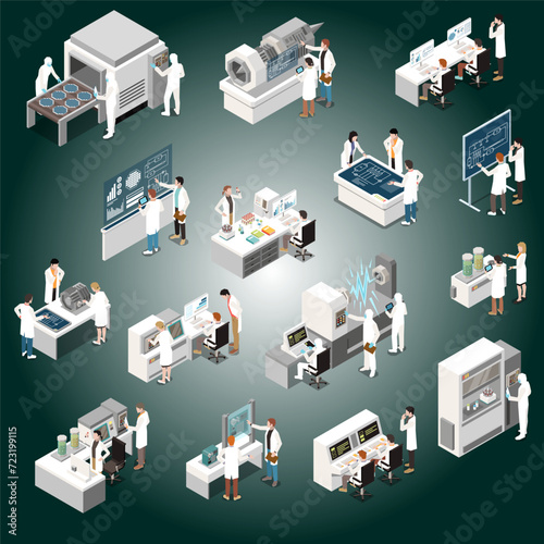research development isometric icons set with engineers scientists working tech lab isolated vector
