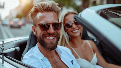 Joyful young couple enjoying summer vacation driving convertible car in city street