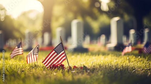 16:9 or 9:16 The USA flag is placed in front of the grave of soldiers who died in the war on Memorial Day or Victory Day photo