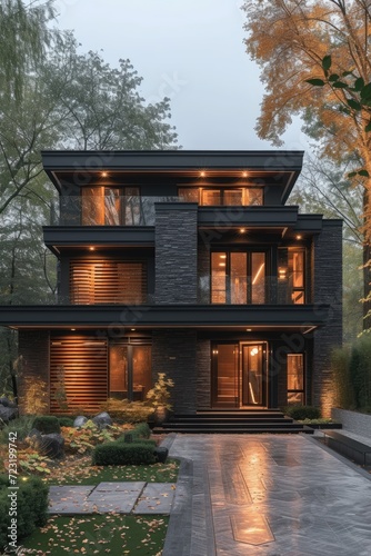 Modern gray stone home with...