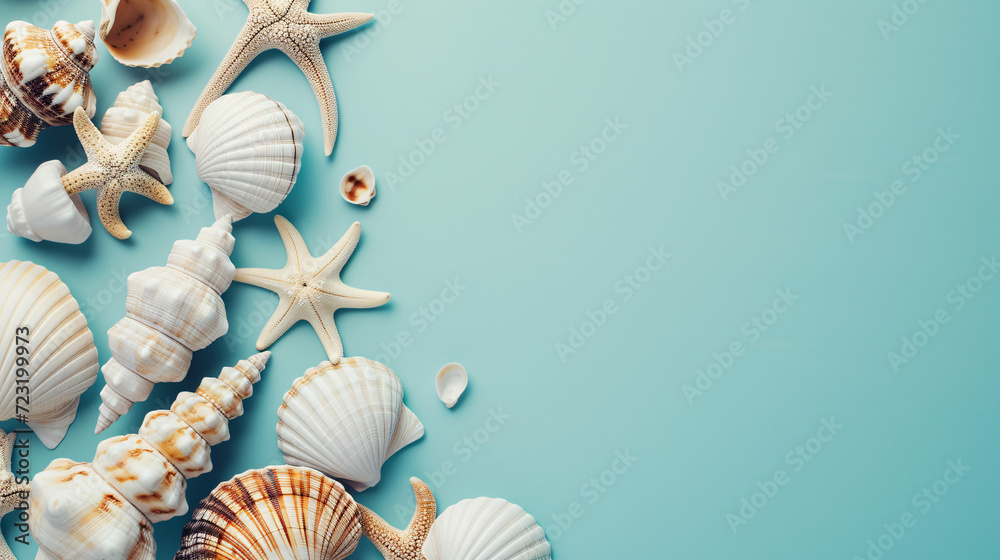 Seashells on light cyan background top view in flat lay style. Greeting for Travel, Resort, or Summer Sale Banner Seashells on light cyan background top view in flat lay style. Greeting for Travel, Resort, or Summer Sale Banner
