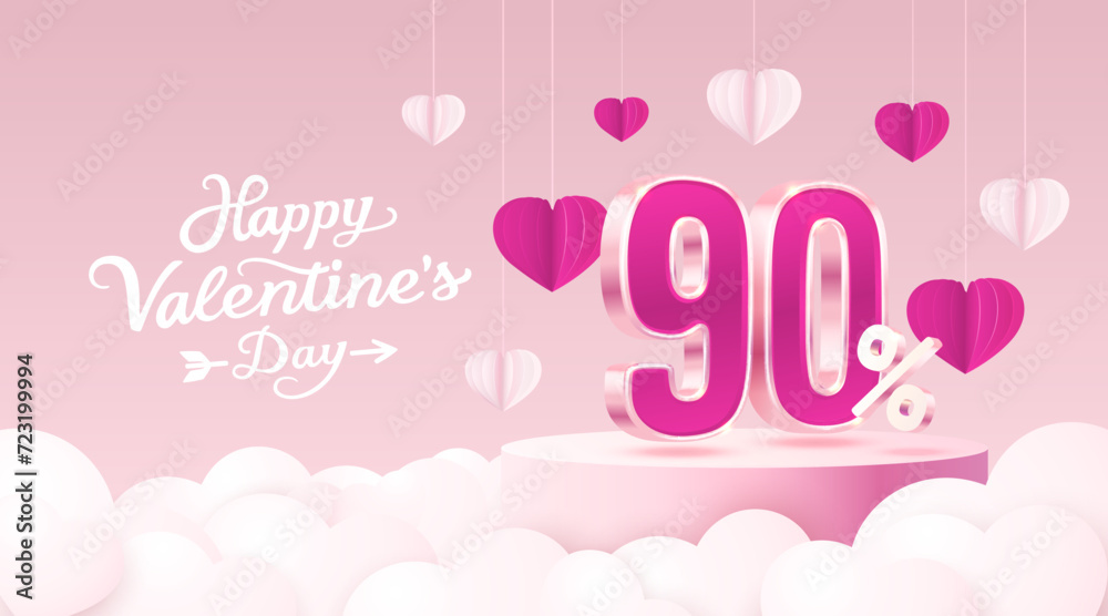 Happy Valentine day, Mega sale, special offer, 90 off sale banner. Sign board promotion. Vector illustration