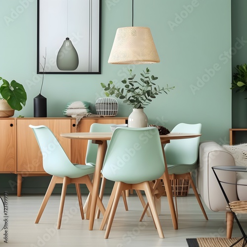 Stylish and cozy Scandinavian mid-century interior with mint chairs around a wooden dining table, complemented by a sofa, cabinet, and green accent wall.