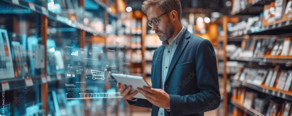 Businessman Using Tablet in Warehouse.
Professional man with tablet checking inventory in a warehouse.