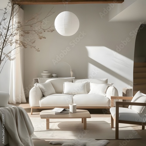 Scandinavian style modern living room interior featuring a white sofa and armchairs with minimalist decor and soft natural lighting.
