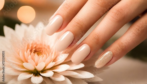 female hands with peach manicure