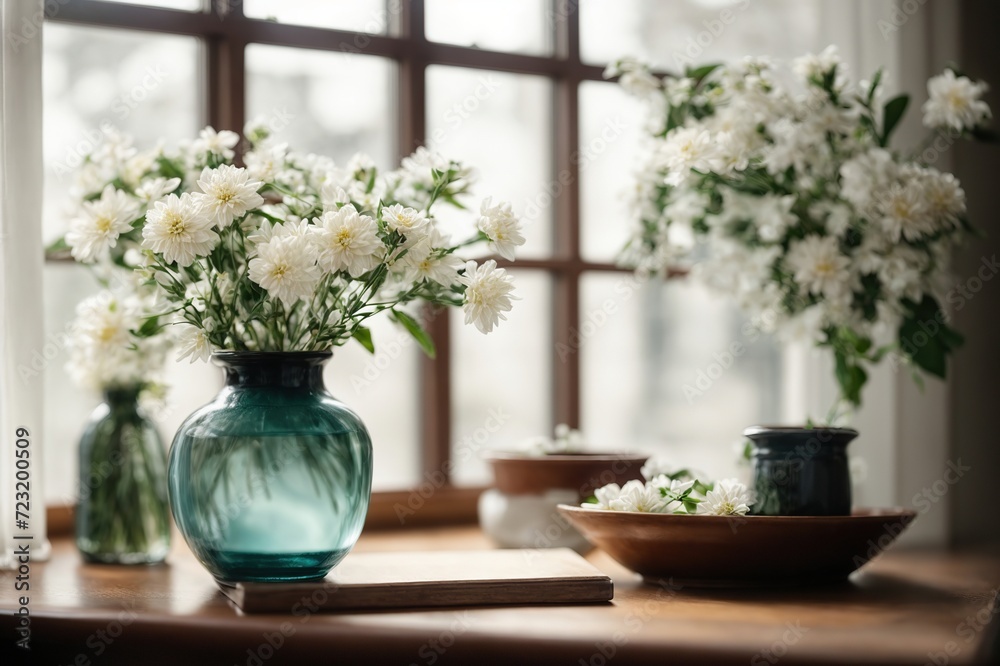On a table by the window, a tiny vase filled with white flowers Nordic-style interior design