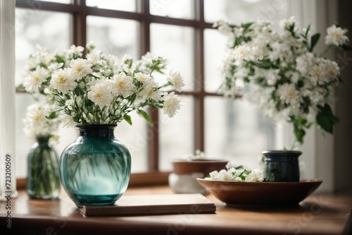 On a table by the window  a tiny vase filled with white flowers Nordic-style interior design