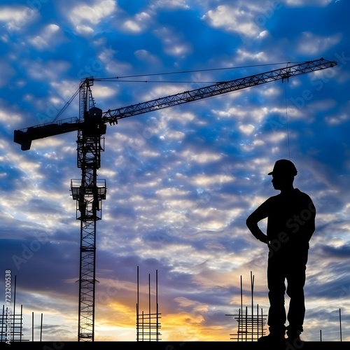 Silhouette of a construction worker with a crane against a cloudy blue sky, symbolizing the preparation for a New Year party and the initiation of new business endeavors.