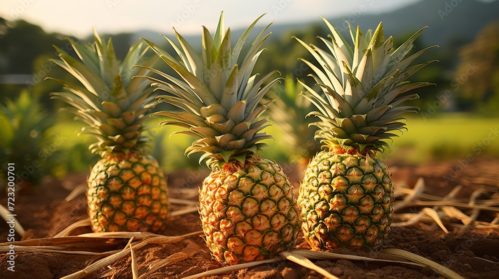 Green fresh pineapples in bright yellow market light background Green fresh pineapples in bright yellow market light background