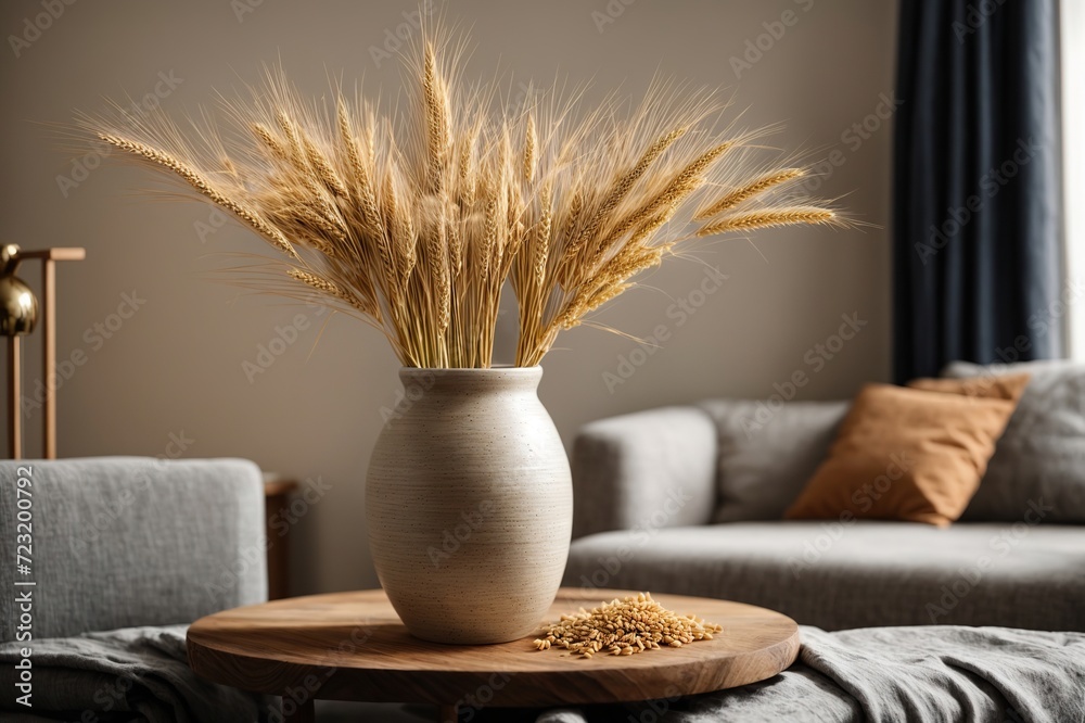 Wheat ears in a stylish modern vase, Scandinavian interior decoration concept 