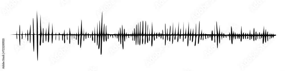 Waves of the equalizer. Vector illustration of music sound on isolated background. Drawing of radio signal painted by black inks. Sketch of musical soundtrack. Etching of voice record.