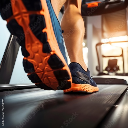 Close-up shot of a runner's feet on a treadmill in a fitness club, symbolizing determination and the commitment to a healthy lifestyle through cardio workouts.