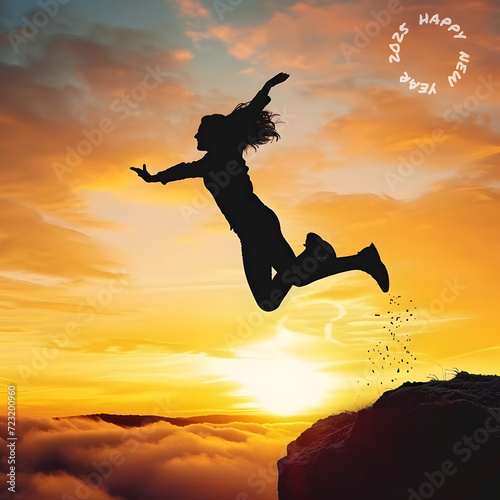 A vibrant silhouette of a woman leaping joyfully over a cliff at sunset, accompanied by 'Happy New Year 2024' in the sky, representing success and celebration.