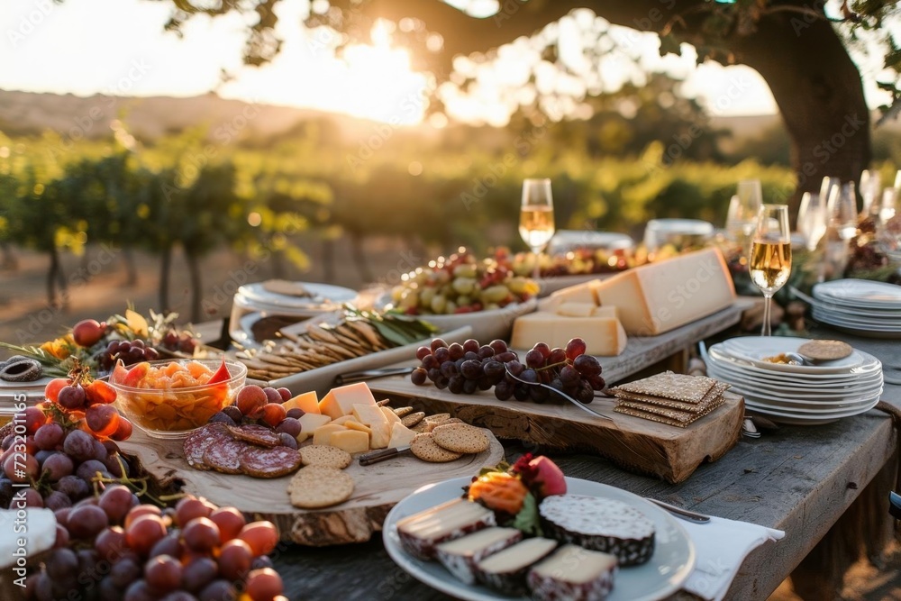 Elegant wine and cheese tasting event in a vineyard setting