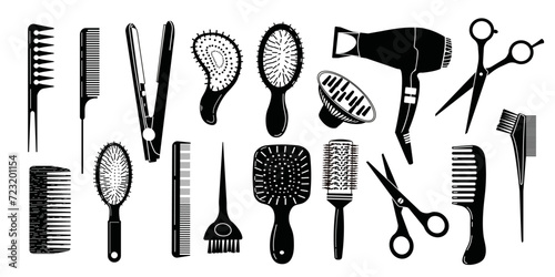 Hair stylist tools set. Black and white icons for hairdressing salon. Hair dryer, comb, scissors and professional tools for hairdressing salon.Vector illustration. photo