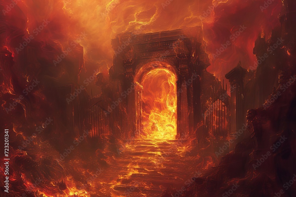Fiery illustration of hell's gates - obrazy, fototapety, plakaty 