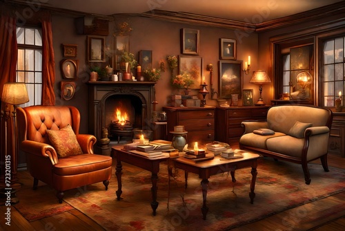 A cozy Victorian living room with a fireplace, antique furnishings, and warm, subdued lighting, evoking a sense of nostalgia and comfort, Artwork, digital painting with attention © Dawood