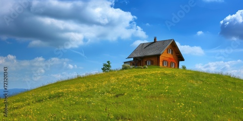 The only wooden house on the top of a green meadow mountains
