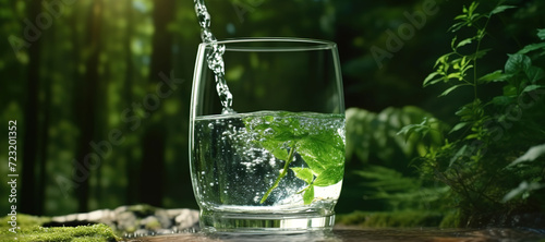 fresh clear mineral water in a glass with forest background 63