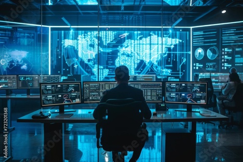 Futuristic cybersecurity command center with high-tech displays and analysts photo