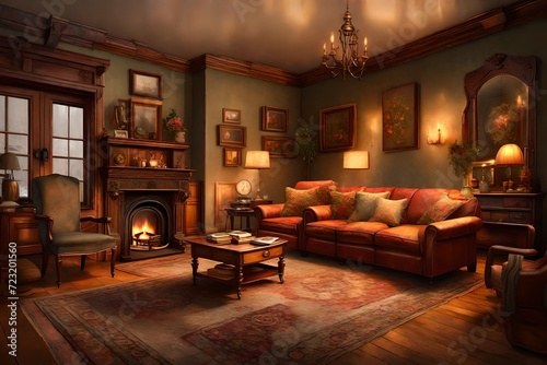 A cozy Victorian living room with a fireplace, antique furnishings, and warm, subdued lighting, evoking a sense of nostalgia and comfort, Artwork, digital painting with attention