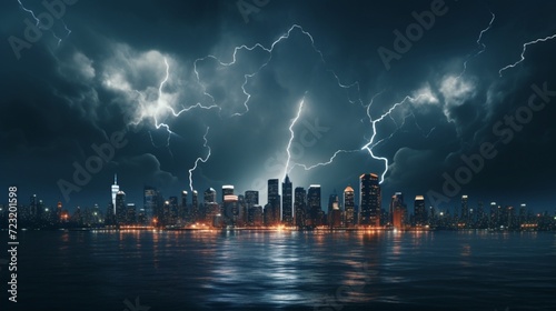 A 2D animated thunderstorm blending into a 3D city skyline