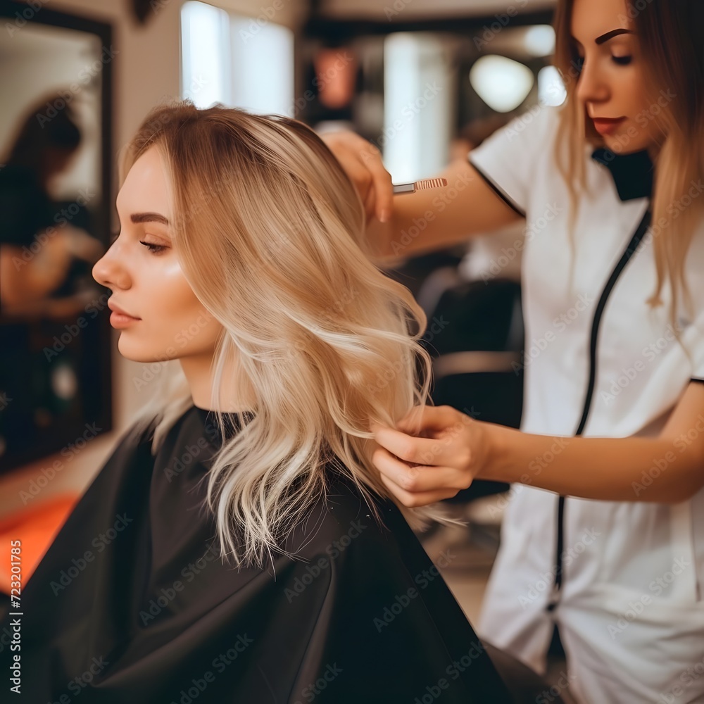 Naklejka premium A moment captured in a hairdresser salon where a beautiful blonde model woman is getting a new haircut, dyeing her hair, and having it styled whilst engaged in conversation with the hairstylist.