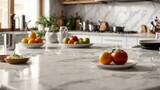 Top table made of empty marble for product or meal montage with a blurred backdrop of a contemporary kitchen