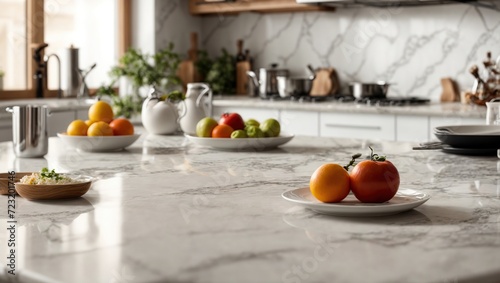 Top table made of empty marble for product or meal montage with a blurred backdrop of a contemporary kitchen © SR Production