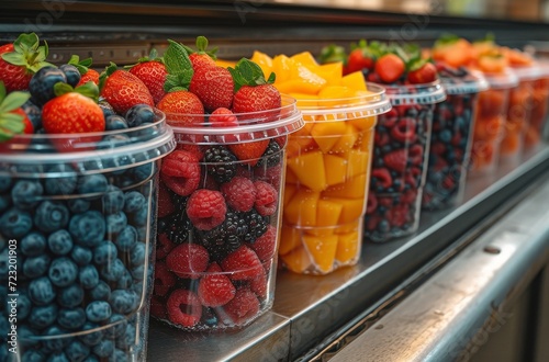 A colorful display of natural foods, including sweet berries and juicy oranges, arranged in glass containers, perfect for a healthy and refreshing indoor snack