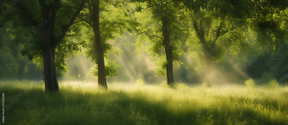 an image of a green grassy forest scene with trees in - obrazy, fototapety, plakaty 
