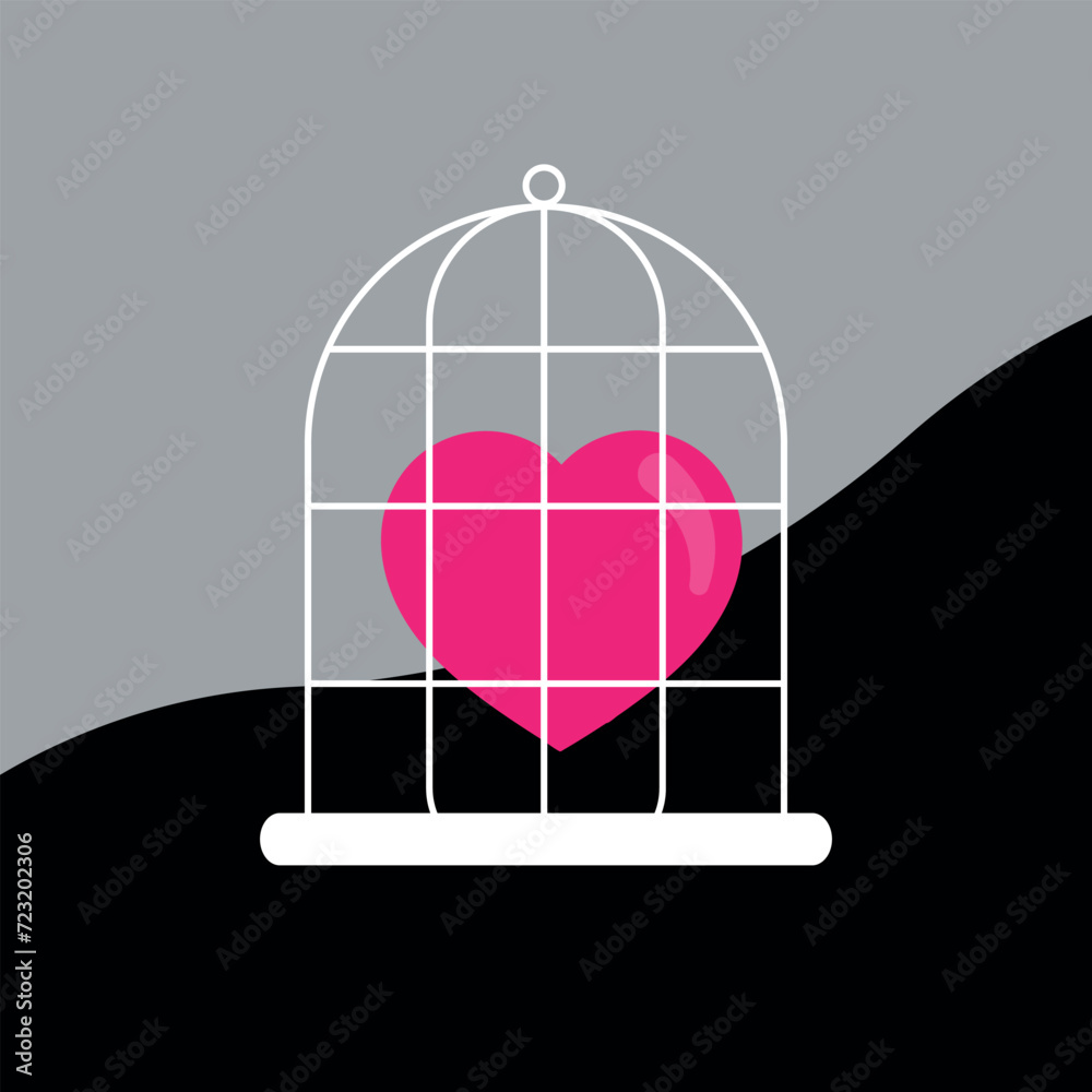 Vector illustration of a heart is in a cage. Feelings are locked. Domestic violence. Heart icon, cell icon. Concept of human mind, pain due to separation, human mind, mental prison. 