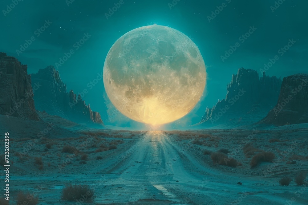 A mystical sphere of light hovers above the rugged dirt road, casting a soft glow over the vast mountain landscape and illuminating the natural beauty of the night sky