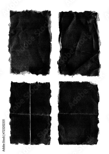 Old Black Empty Aged Damaged Paper Cardboard Photo Card Isolated on Black. Real Halftone Scan. Folded Edges. Rough Grunge Shabby Scratched Torn Ripped Texture. Distressed Overlay Surface