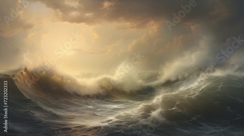A 2D classical painting of a stormy sea transitioning into a 3D tempest with realistic waves