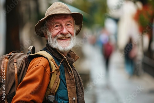 Smiling elderly man with backpack travels and discovers new places and cultures. Happy retirement. © Sarinrata