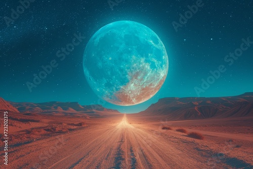 A breathtaking view of a solitary moon hovering above a rugged dirt road, surrounded by the vastness of the star-speckled sky and towering mountains, evoking a sense of wonder and the mysteries of th