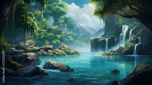 A 2D oil painting of a serene lake transitioning into a 3D waterfall