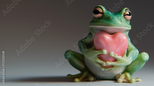 little cute ceramic green frog holding a pink glass heart in its paws, love, valentine's day, february 14, card, romance, pet, toad, animal, figurine, character, illustration