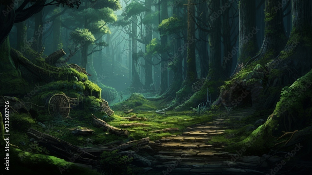 A 2D sketch of a dense forest evolving into a 3D enchanted woodland