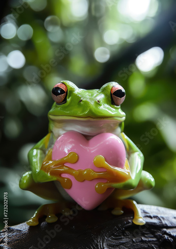 little cute ceramic green frog holding a pink glass heart in its paws  love  valentine s day  february 14  card  romance  pet  toad  animal  figurine  character  illustration